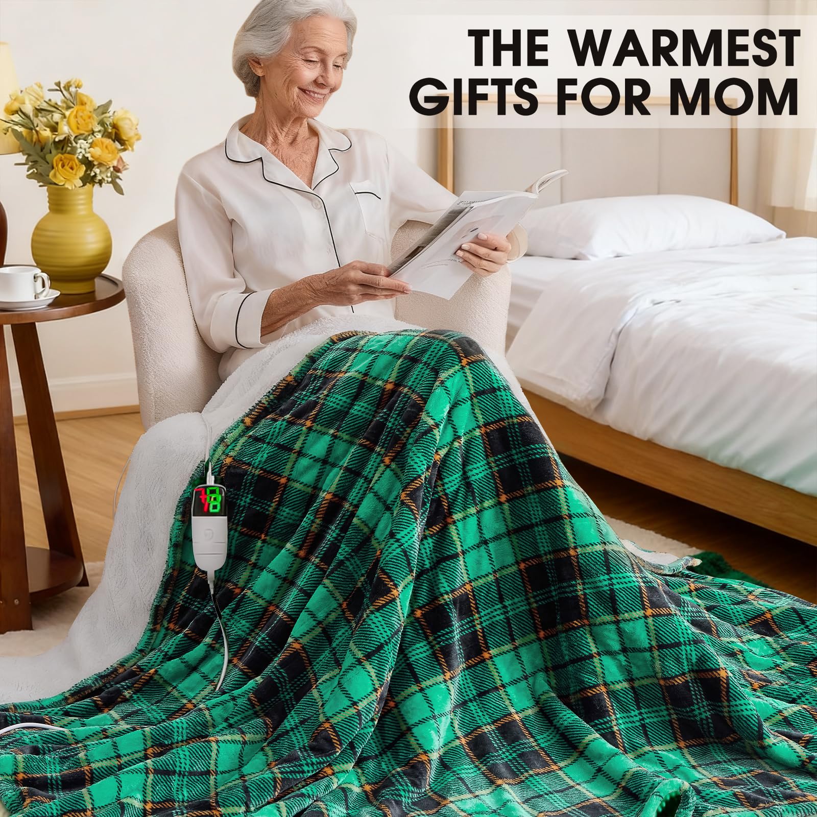 Green Heated Blanket Electric Throw 50X60, Heating Blanket for Couch, Plaid Sherpa Winter Blankets Warmer, 10 Levels & 8-Hour Auto Off, Fast Heated House Warming Gifts New Home Christmas Decor for Mom - Image 8