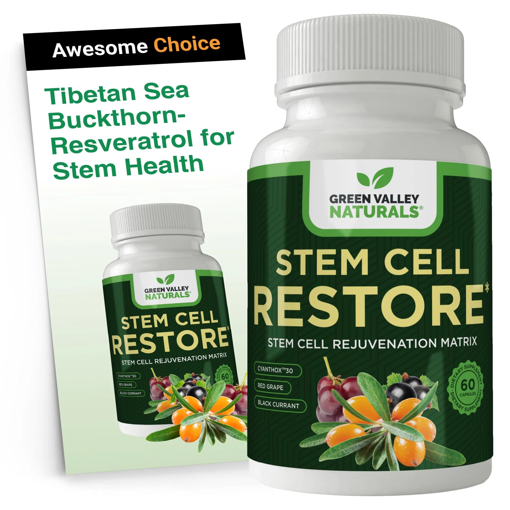 GREEN VALLEY NATURALS Stem Cell Supplement - Organic Tibetan Sea Buckthorn-Resveratrol, Vitamin D, Bishop's Hat Extract (1 Bottle, 60 Count)