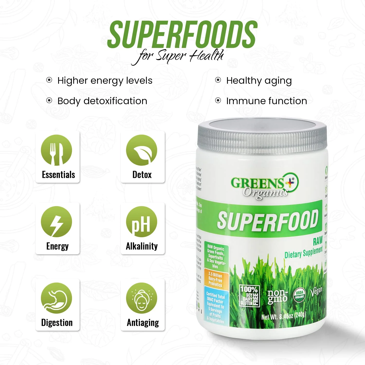 Greens+ Organic RAW Superfood Powder, Super Blend Immune Support, Morning Kick, Energy Boost, Nutrition Vibrant Health, Dietary Supplement, Vegan Soy/Dairy/Gluten Free(8.46oz) - Image 5