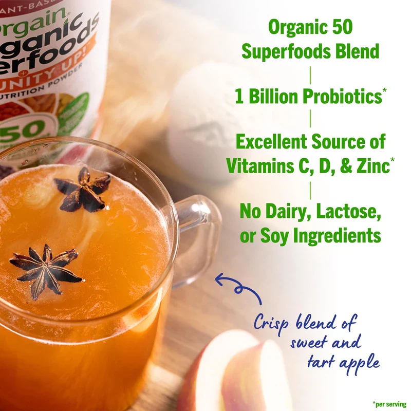 Greens Powder + Superfoods Immune Support, Orgain Organic Immunity Up! Powder, Honeycrisp Apple - Vitamin D, Vitamin C, Zinc, Apple Cider Vinegar, Probiotics, Ashwagandha & Reishi Mushrooms - 0.62lb - Image 6