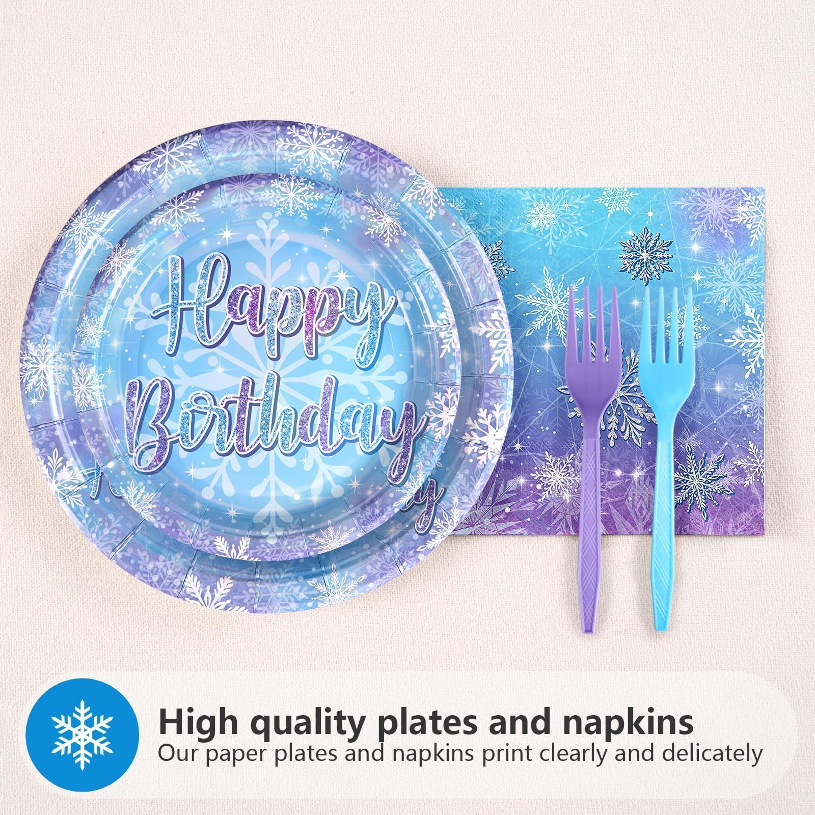 Grencian 96Pcs Frozen Party Supplies Plates Winter Onderland 3rd Birthday Plates Winter Snowflake Happy 3rd Birthday Tableware Disposable for Kids Girls Frozen Themed Party Christmas - Image 6