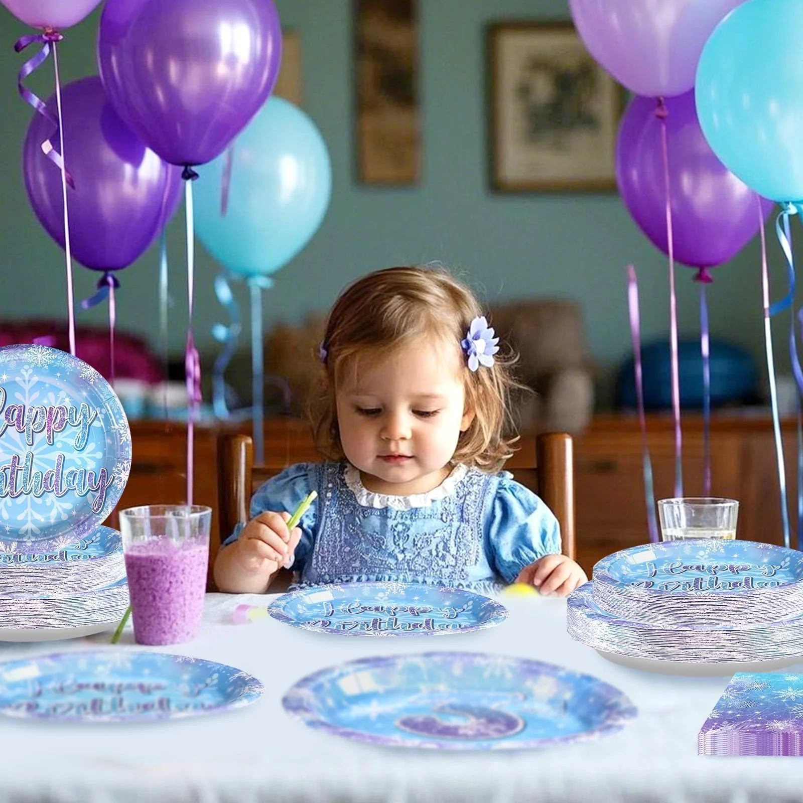 Grencian 96Pcs Frozen Party Supplies Plates Winter Onderland 3rd Birthday Plates Winter Snowflake Happy 3rd Birthday Tableware Disposable for Kids Girls Frozen Themed Party Christmas - Image 8