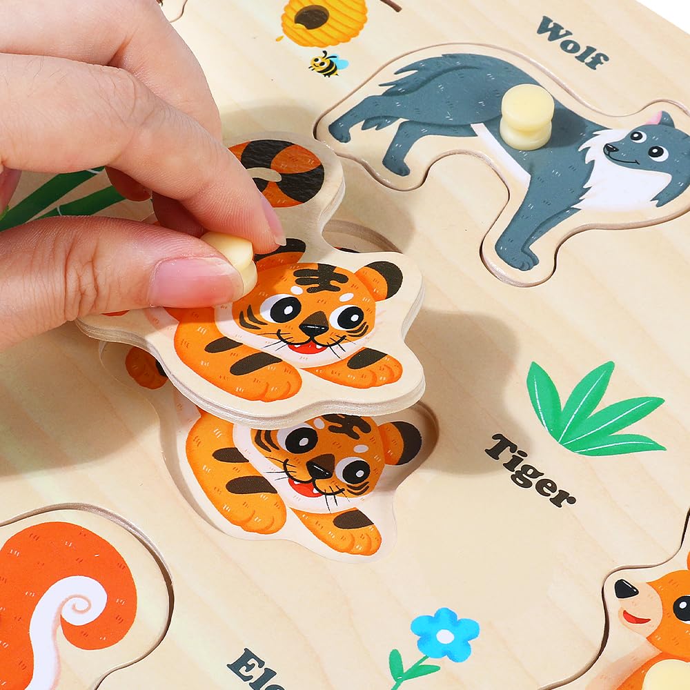 GRINNNIE Wooden Puzzles for Toddlers 3 4 5 Years Old, Montessori Toddler Toys 5PCS Peg Puzzles with Knob - Number, Alphabet, Shape, and Animal, Great Christmas Birthday Gifts for Boys Girls - Image 5
