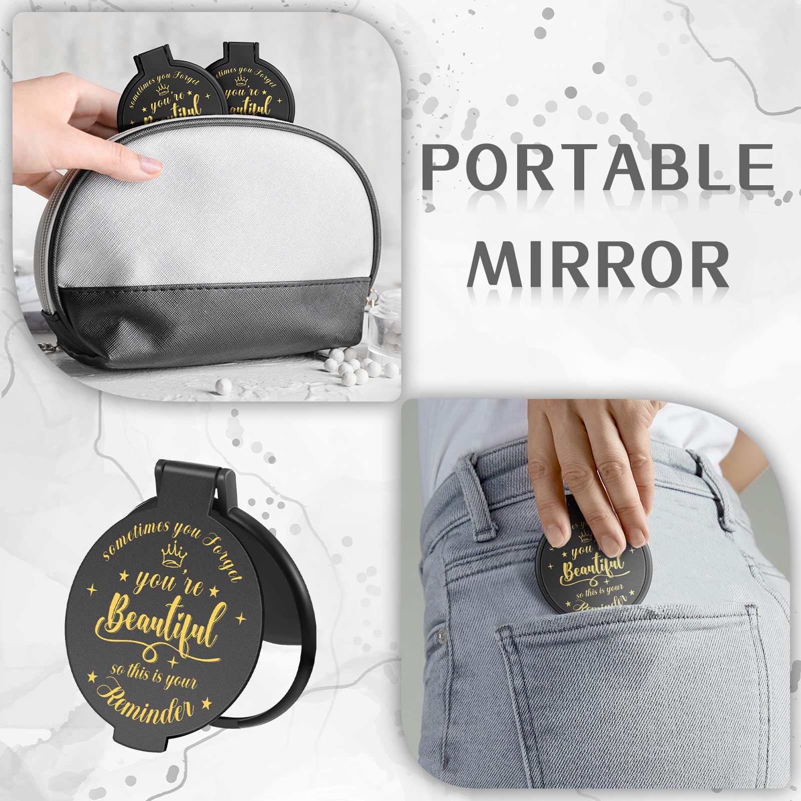 Gulfmew 100 Pcs 2.76 Inch Inspirational Compact Mirror Bulk Party Favors Quinceanera Gift Purse Small Mirror Pocket Mini Gifts for Women Adult Coworker Halloween Christmas Friends (Black) - Image 6