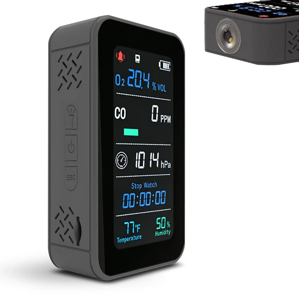 GZAIR Portable 7-in-1 Multi Gas Detector, O2 CO Gas Monitor with Temperature Humidity Air Pressure Sensors, Rechargeable Device with Data Logging and Flashlight