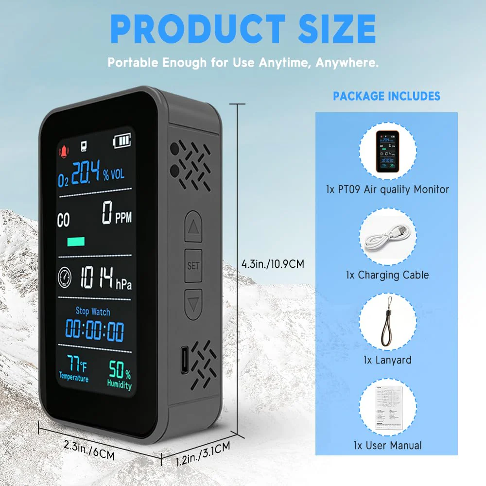 GZAIR Portable 7-in-1 Multi Gas Detector, O2 CO Gas Monitor with Temperature Humidity Air Pressure Sensors, Rechargeable Device with Data Logging and Flashlight - Image 5