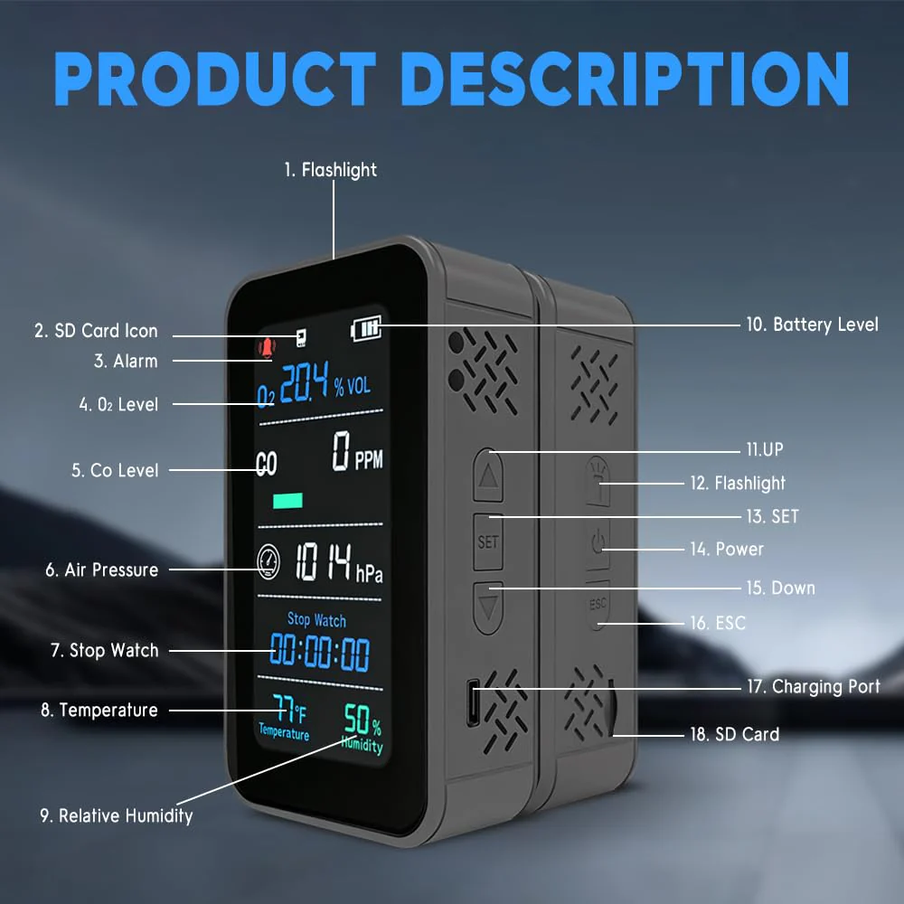 GZAIR Portable 7-in-1 Multi Gas Detector, O2 CO Gas Monitor with Temperature Humidity Air Pressure Sensors, Rechargeable Device with Data Logging and Flashlight - Image 6
