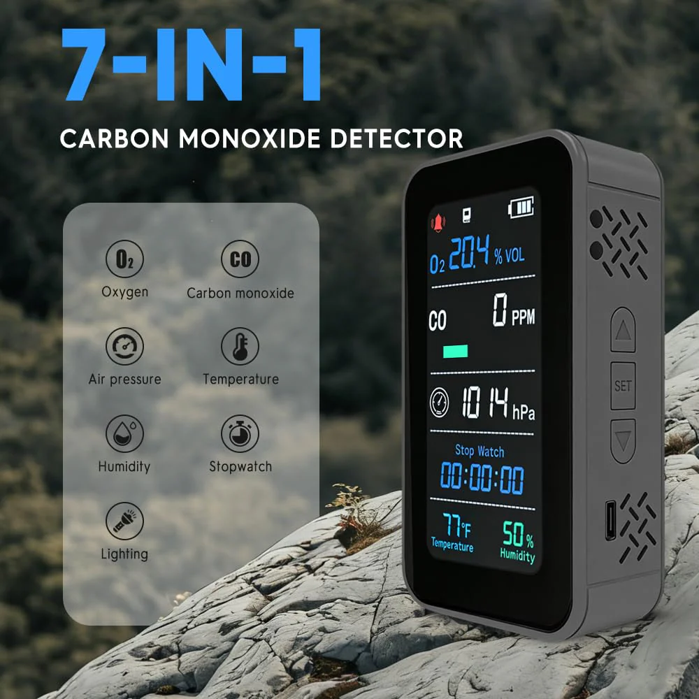 GZAIR Portable 7-in-1 Multi Gas Detector, O2 CO Gas Monitor with Temperature Humidity Air Pressure Sensors, Rechargeable Device with Data Logging and Flashlight - Image 9