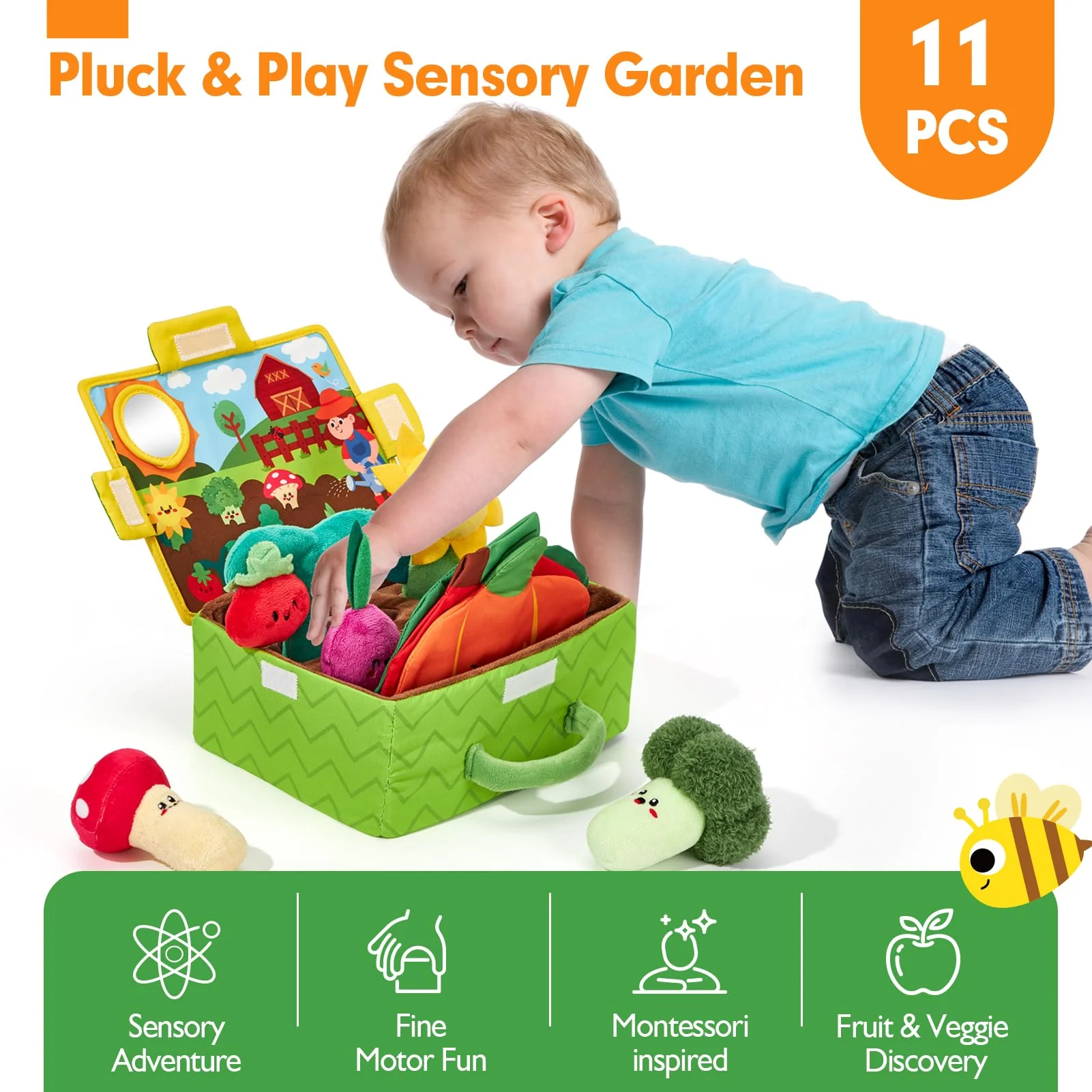 hahaland Baby Toys 6-12 Months - Fruits Vegetables Garden Plant Plush - 6 Month Old Toys Montessori Sensory Toy Carrot Flower with Rattles Mirror Squeaker Textures Crinkle Tissues Christmas Baby Gifts - Image 9
