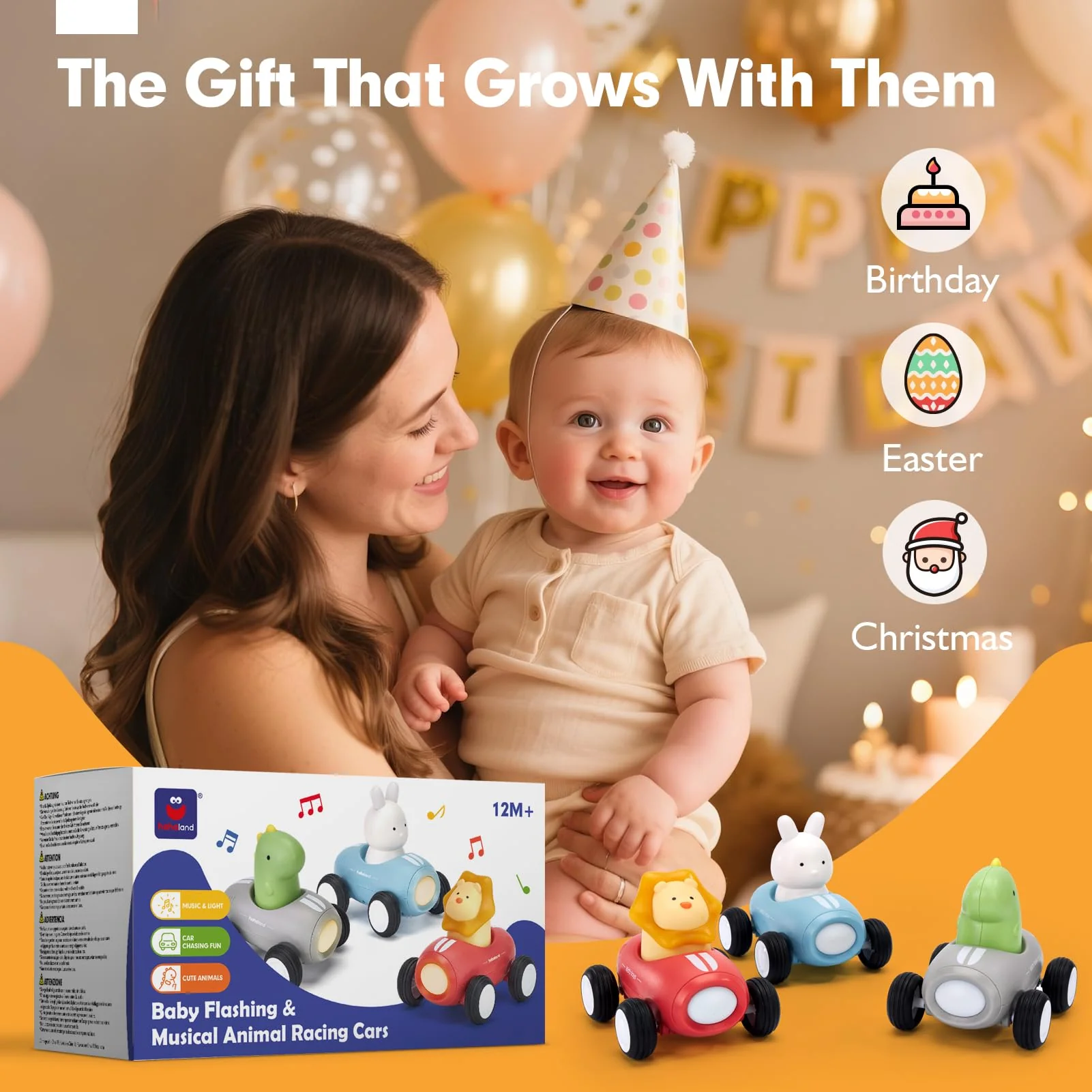 hahaland Toy Cars for Toddlers 1-3 - Push and Go Cars Musical Light up Toys for 1 Year Old Boy Gifts, Friction Powered Car Toddler Toys for One Year Old Birthday Christmas Baby Boy Girls Gifts, 3 PCS - Image 4