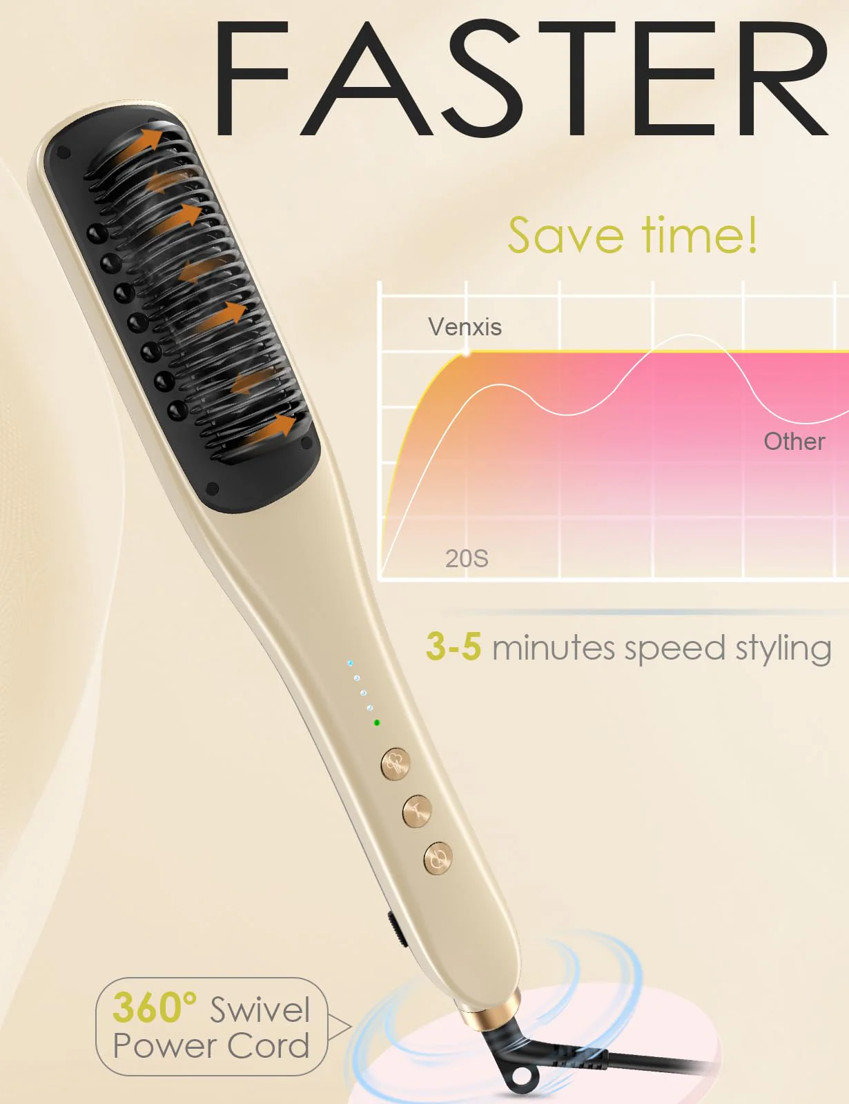 Hair Straightener Brush,Venxis Straightening Comb with Steam, 3 Temp Settings & 20s Fast Heating, 120 Voltage&30-Minute Auto Shut-Off, Steam Design for Hair Treatment - Image 4