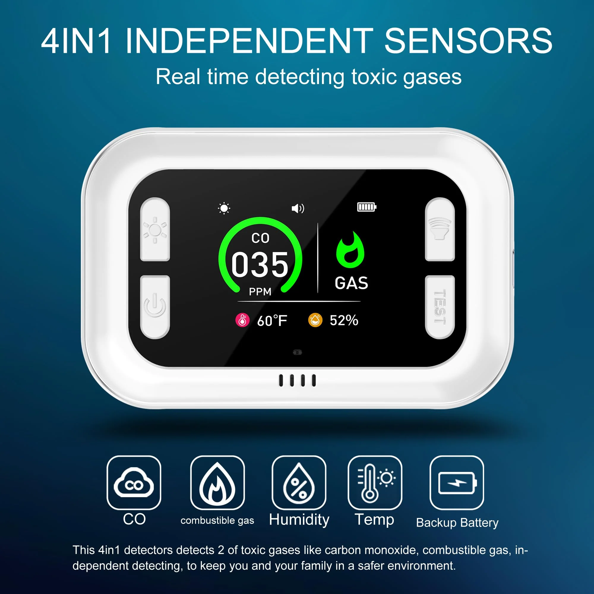 HAKINAKU Plug in 4in1 Carbon Monoxide Detector & Combustible Natural Gas Combination Builti-in Backup 1000mAh Battery & HD Screen [CO Gas Temp Humidity Sensors] for Home Kitchen Hotel (1Pack, White) - Image 8