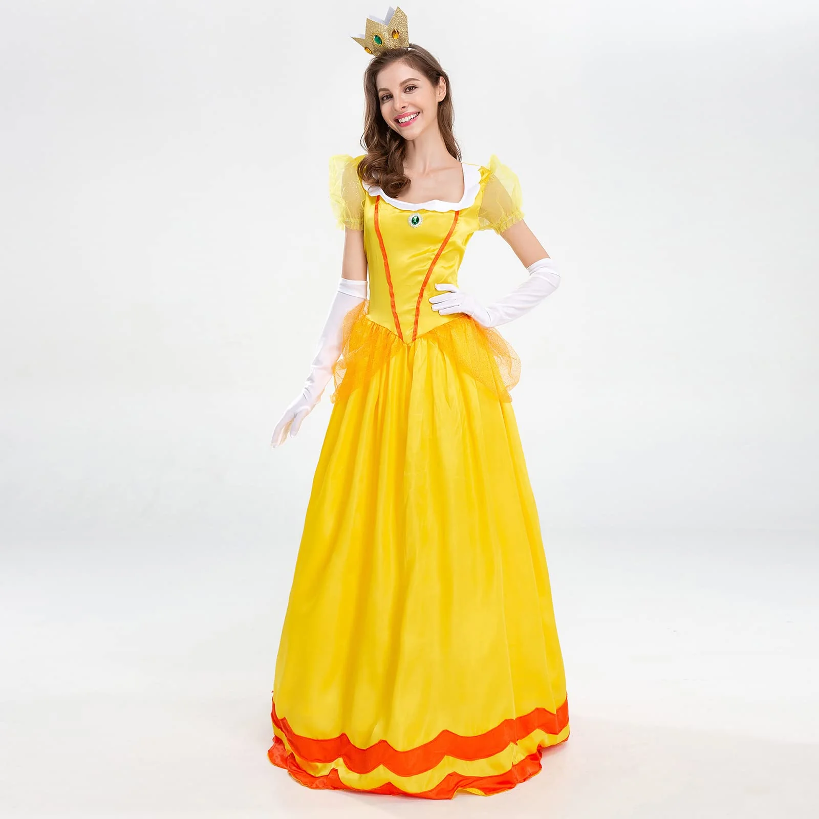 Halloween Costumes for Women: Princess Cosplay Costume for Women Yellow Princess Dress with Crown Role Play Adult Clothes Set Birthday Carnival Party Fancy Dress Up Christmas Outfits Yellow Medium - Image 3