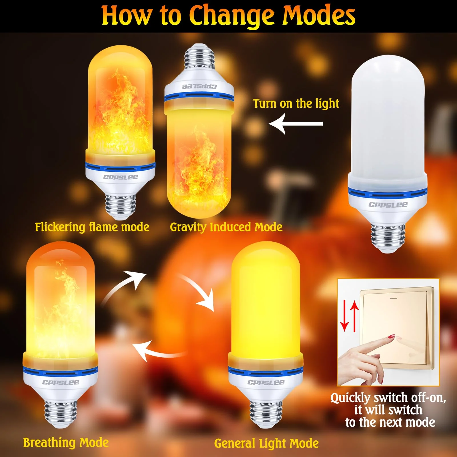 Halloween Decorations Upgraded LED Flame Light Bulbs, 4 Modes Fire Flame Bulb, E26 Base Flickering Light Bulbs, Christmas Decorations Outdoor Indoor Patio Home Decor (Yellow, 2 Pack) - Image 6