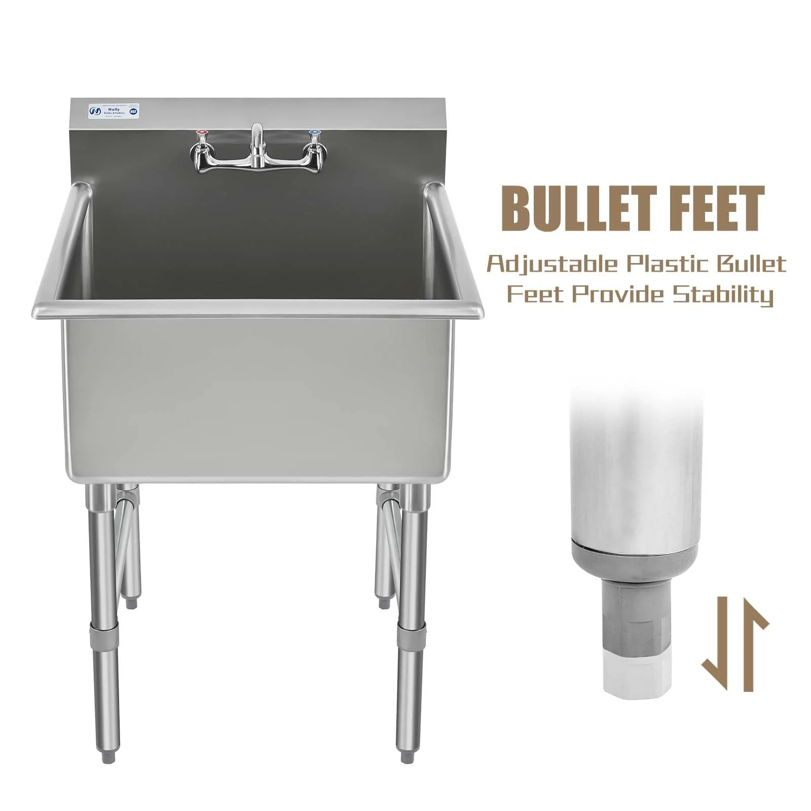 HALLY Commercial Stainless Steel Sink 1 Compartment NSF Prep & Utility Sink with 8" Faucet 15" L x 15" W x 12" D Bowl for Bar, Restaurant, Kitchen, Hotel and Home - Image 4