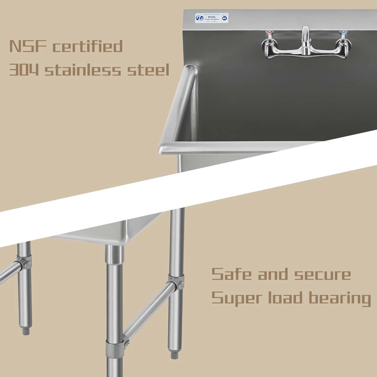 HALLY Commercial Stainless Steel Sink 1 Compartment NSF Prep & Utility Sink with 8" Faucet 15" L x 15" W x 12" D Bowl for Bar, Restaurant, Kitchen, Hotel and Home - Image 5