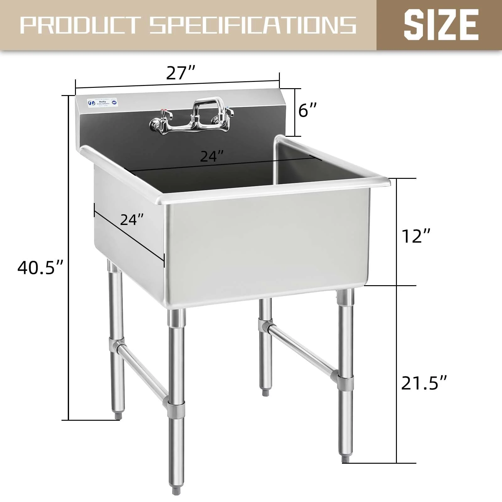 HALLY Commercial Stainless Steel Sink 1 Compartment NSF Prep & Utility Sink with 8" Faucet 24" L x 24" W x 12" D Bowl for Bar, Restaurant, Kitchen, Hotel and Home - Image 8