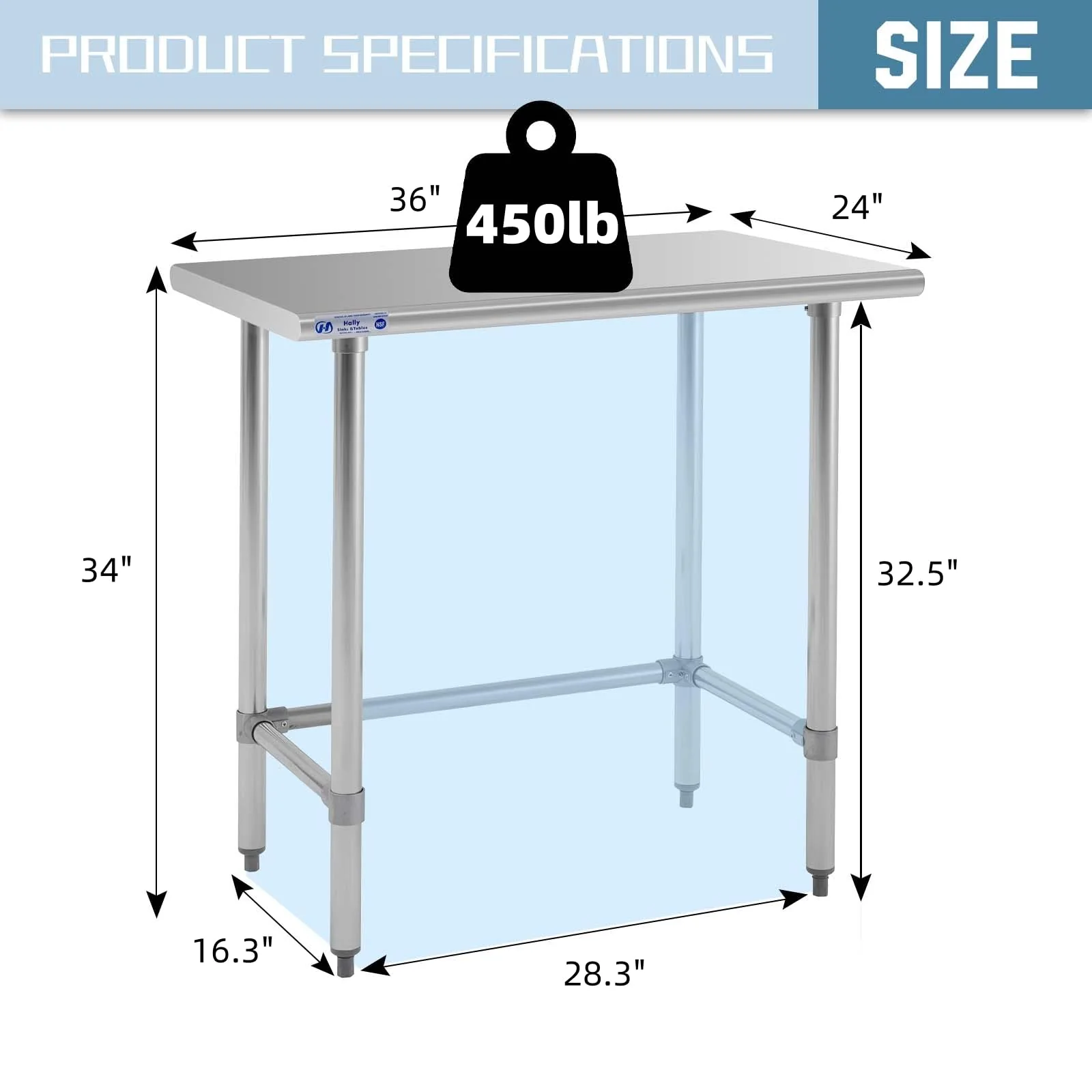 Hally Open Base Stainless Steel Table 24 x 36 Inches, NSF Commercial Heavy Duty Prep & Work Table with Galvanized Legs for Restaurant, Home and Hotel - Image 6