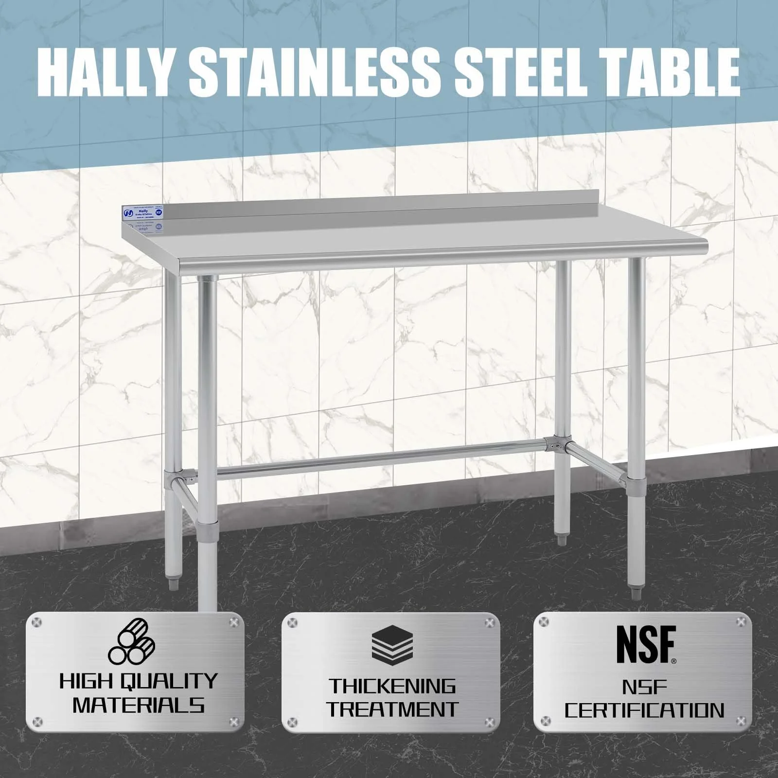 Hally Open Base Stainless Steel Table 24 x 48 Inches, NSF Commercial Heavy Duty Prep & Work Table with Backplash and Galvanized Legs for Restaurant, Home and Hotel - Image 3