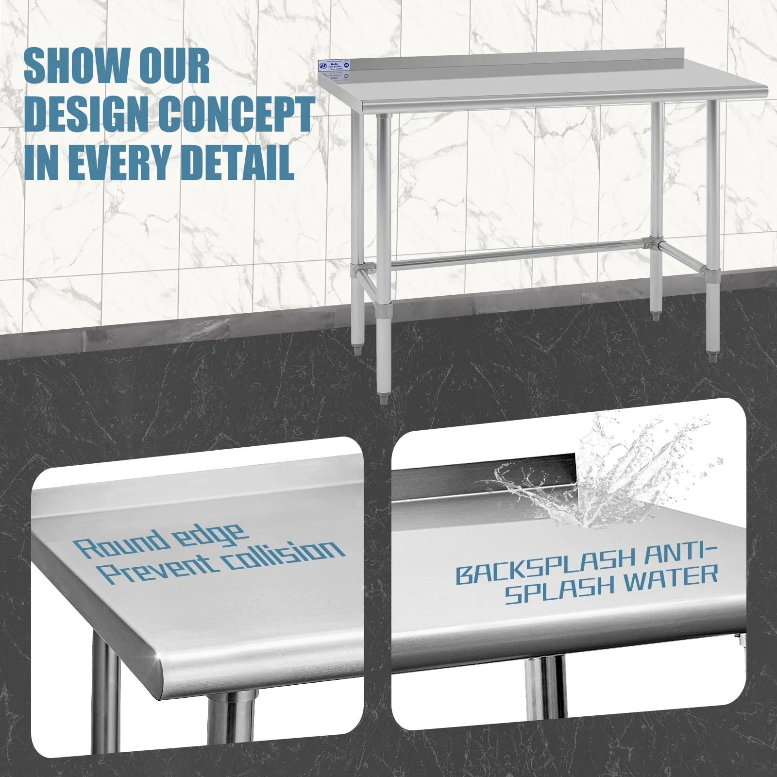 Hally Open Base Stainless Steel Table 24 x 48 Inches, NSF Commercial Heavy Duty Prep & Work Table with Backplash and Galvanized Legs for Restaurant, Home and Hotel - Image 4