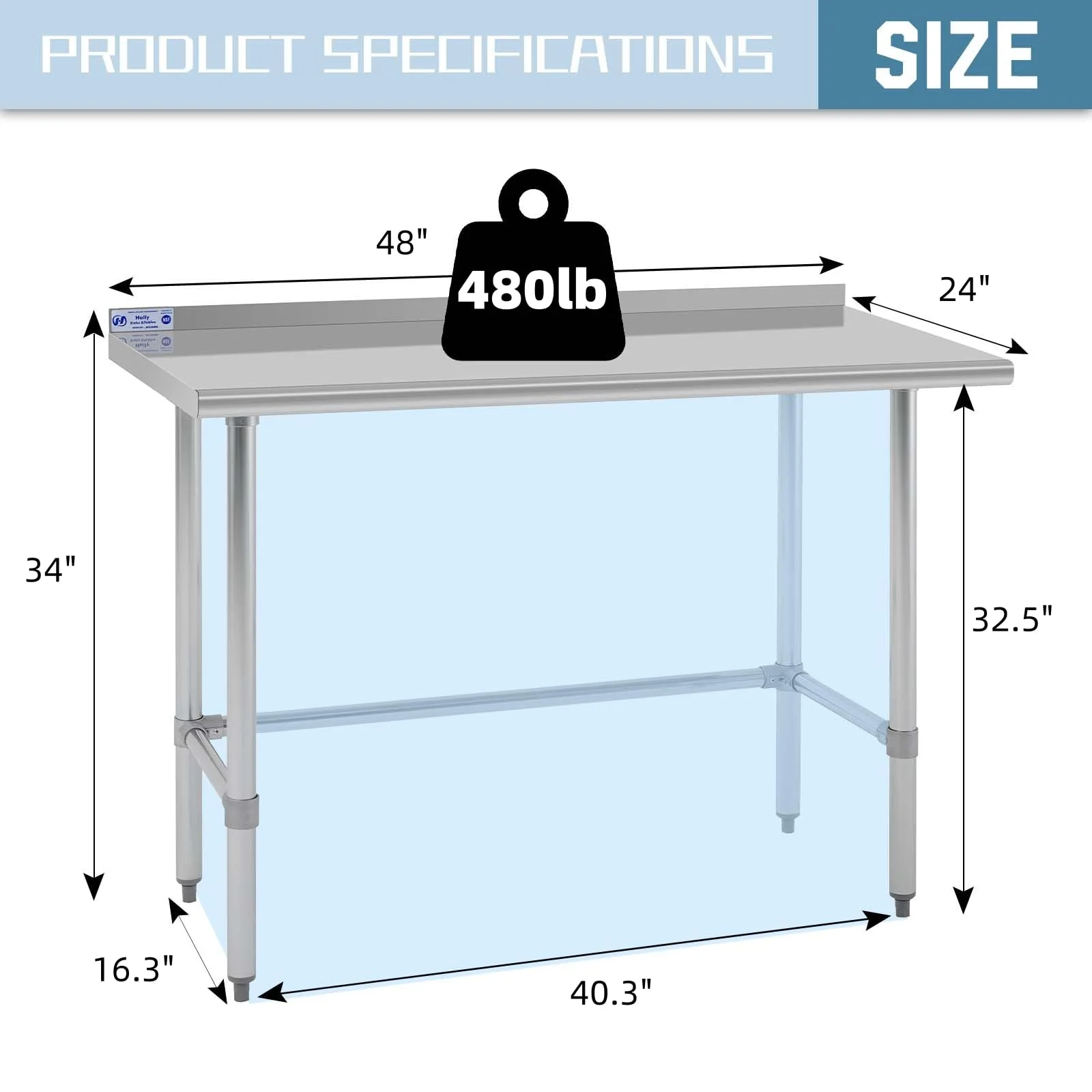 Hally Open Base Stainless Steel Table 24 x 48 Inches, NSF Commercial Heavy Duty Prep & Work Table with Backplash and Galvanized Legs for Restaurant, Home and Hotel - Image 5