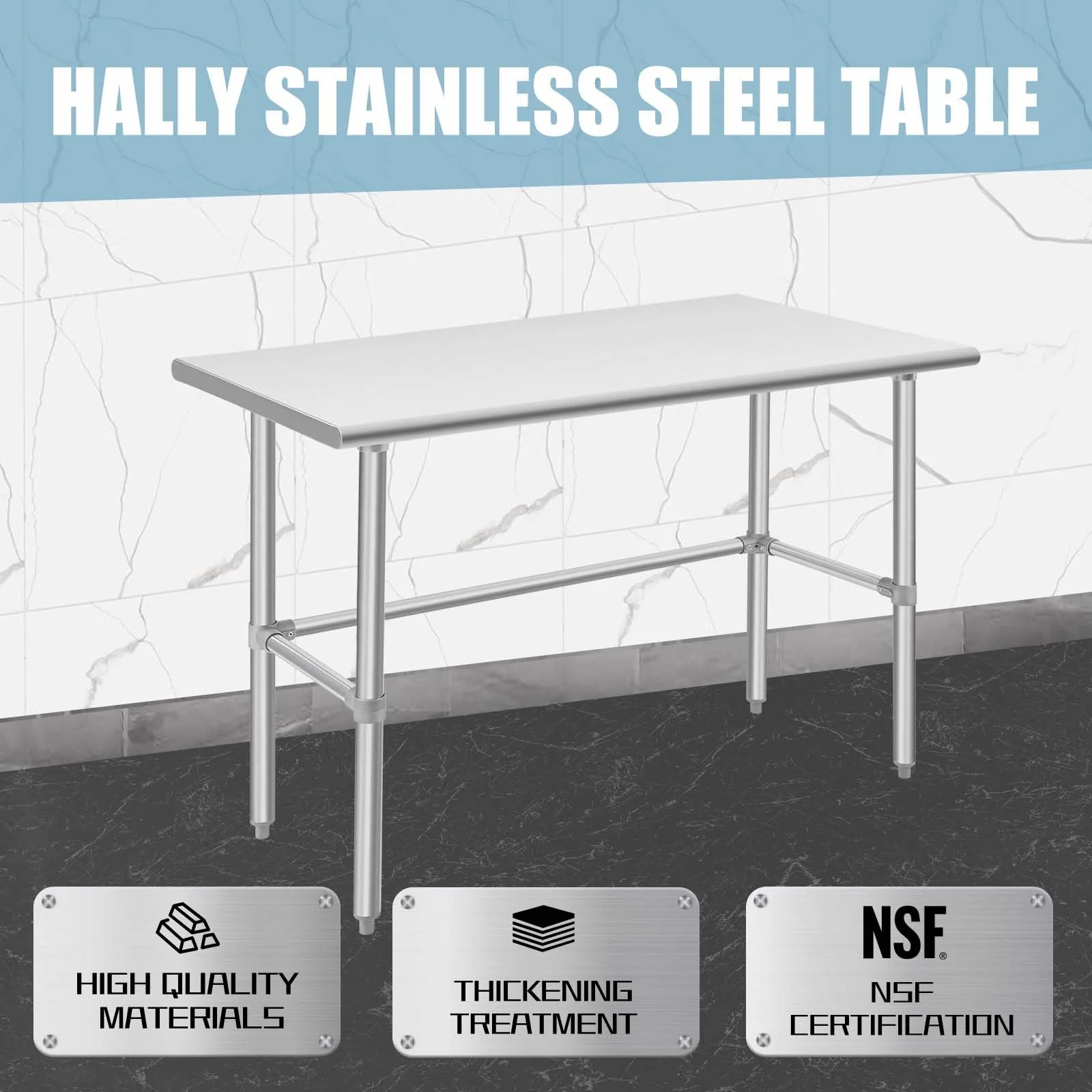 Hally Open Base Stainless Steel Table 24 x 48 Inches, NSF Commercial Heavy Duty Prep & Work Table with Galvanized Legs for Restaurant, Home and Hotel - Image 4