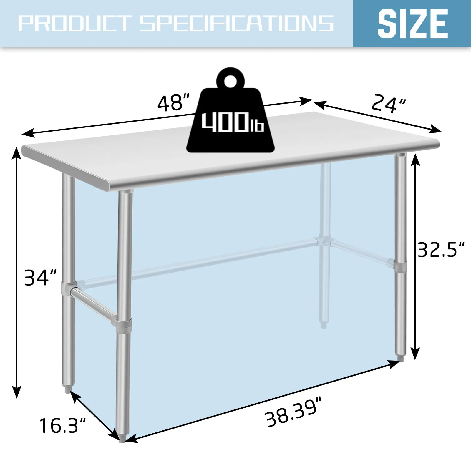 Hally Open Base Stainless Steel Table 24 x 48 Inches, NSF Commercial Heavy Duty Prep & Work Table with Galvanized Legs for Restaurant, Home and Hotel - Image 6