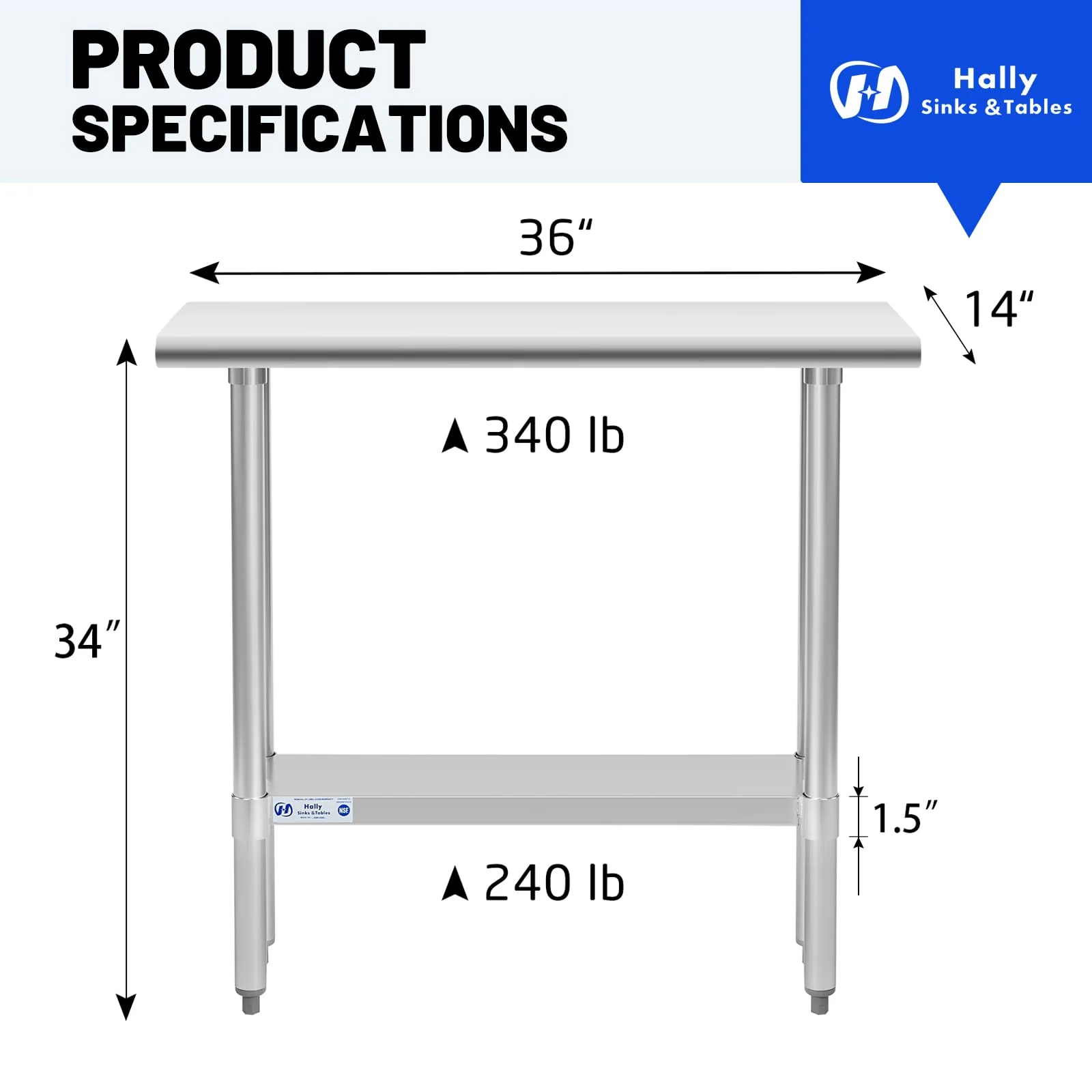 Hally Stainless Steel Table for Prep & Work 14 x 36 Inches, NSF Commercial Heavy Duty Table with Undershelf and Galvanized Legs for Restaurant, Home and Hotel - Image 7
