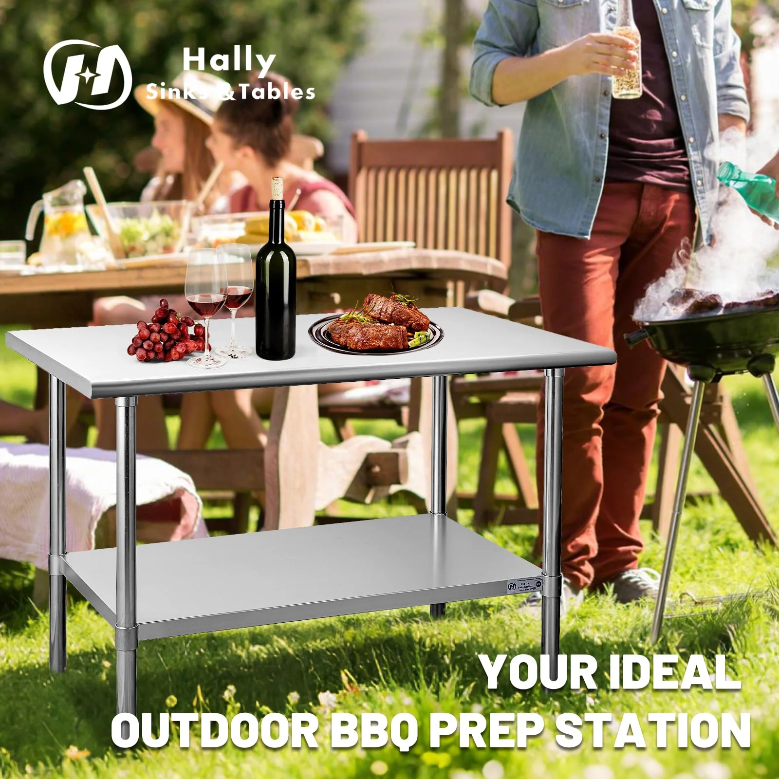 Hally Stainless Steel Table for Prep & Work 14 x 60 Inches, NSF Commercial Heavy Duty Table with Undershelf and Galvanized Legs for Restaurant, Home and Hotel - Image 6