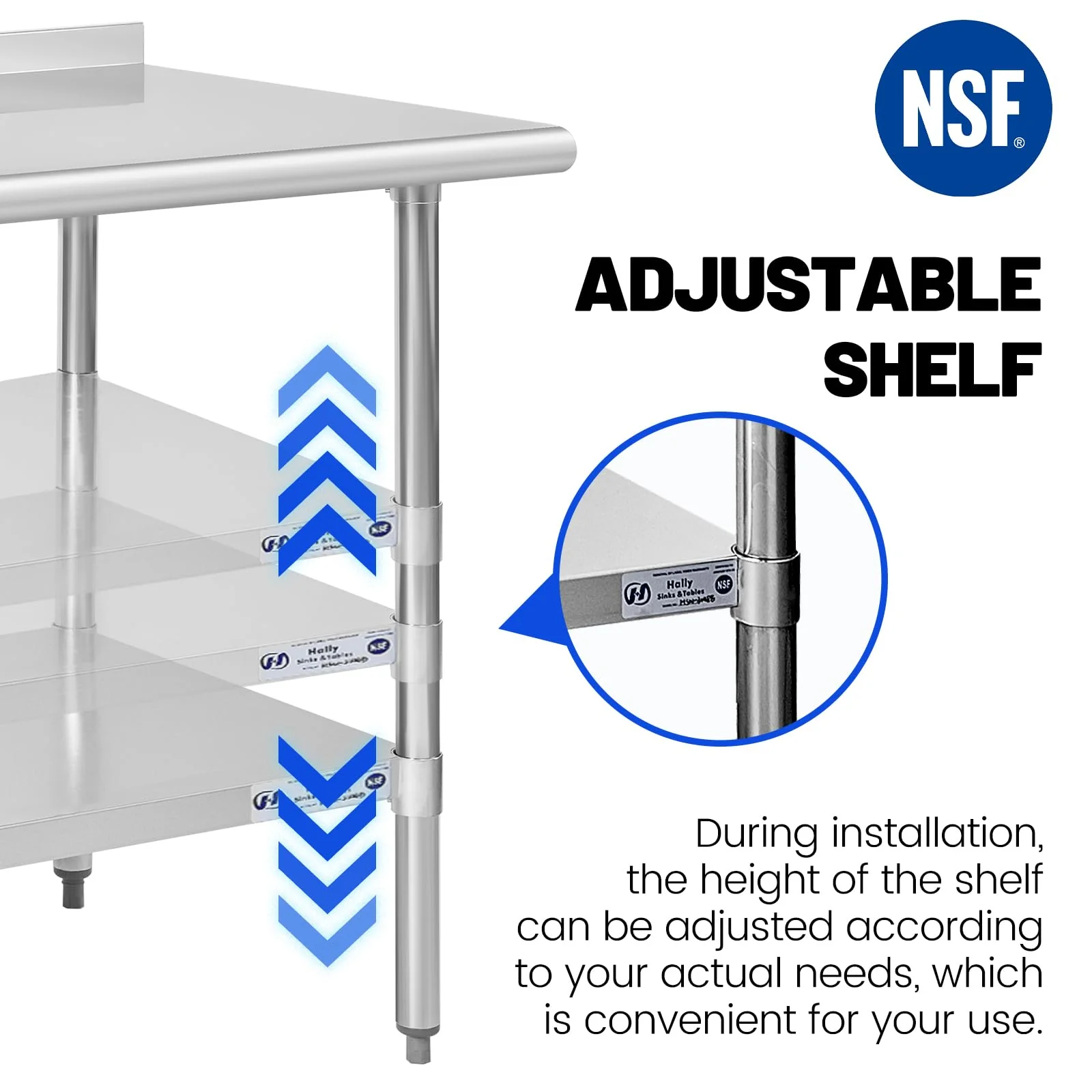 Hally Stainless Steel Table for Prep & Work 18 x 36 Inches, NSF Commercial Heavy Duty Table with Undershelf and Backsplash for Restaurant, Home and Hotel - Image 3