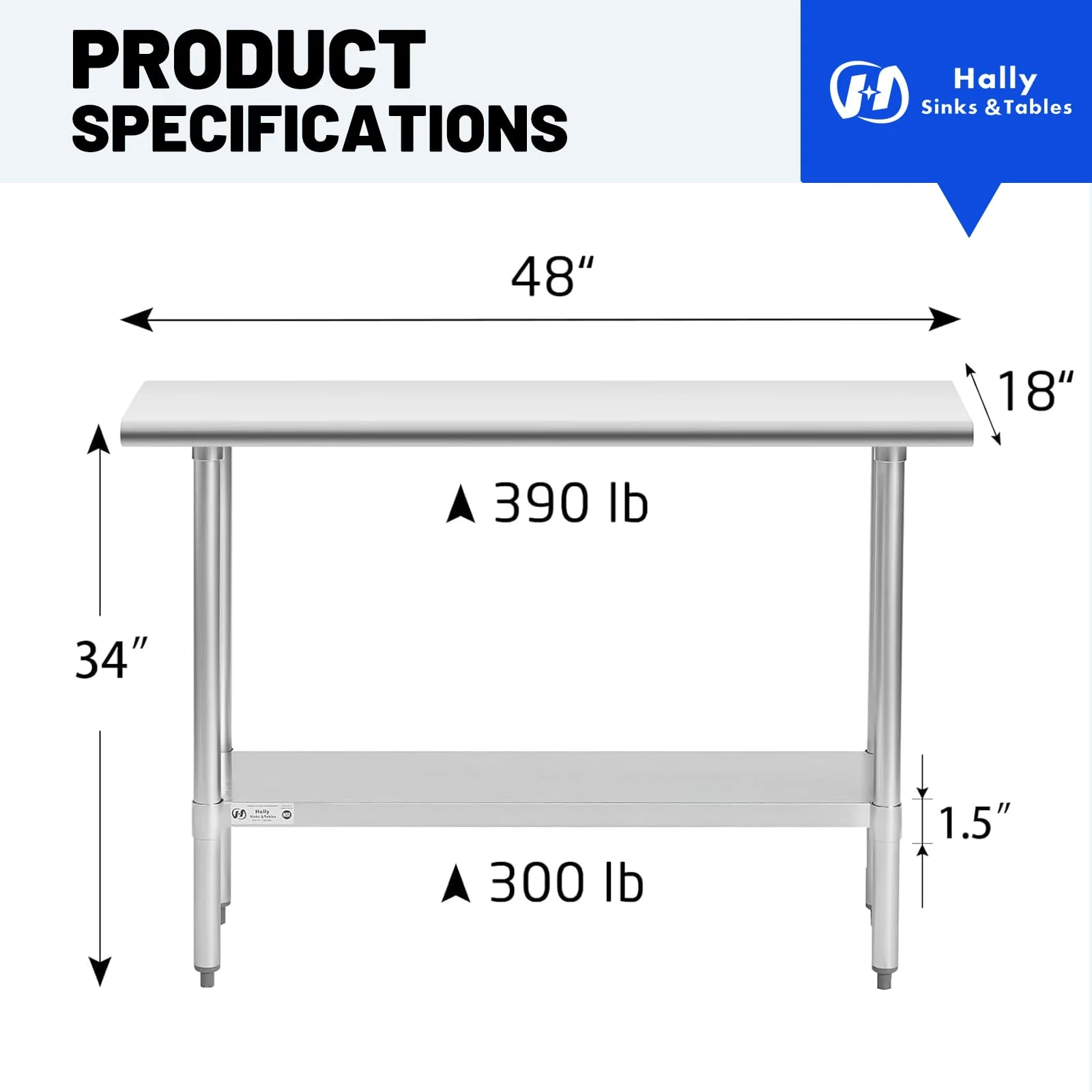 Hally Stainless Steel Table for Prep & Work 18 x 48 Inches, NSF Commercial Heavy Duty Table with Undershelf and Galvanized Legs for Restaurant, Home and Hotel - Image 7