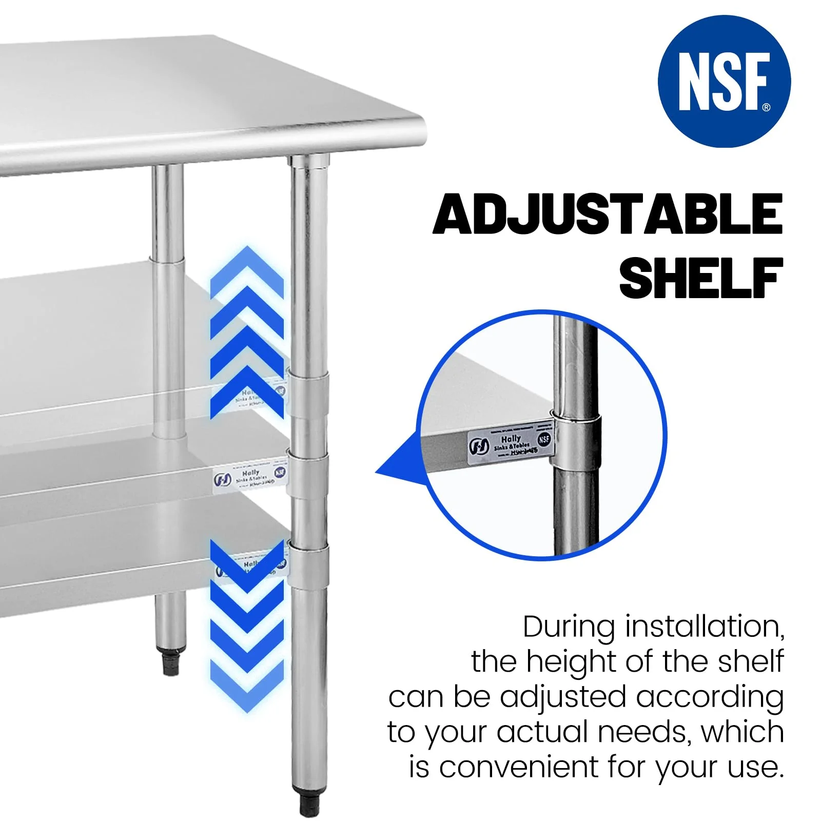 Hally Stainless Steel Table for Prep & Work 24 x 60 Inches, NSF Commercial Heavy Duty Table with Undershelf and Galvanized Legs for Restaurant, Home and Hotel - Image 3