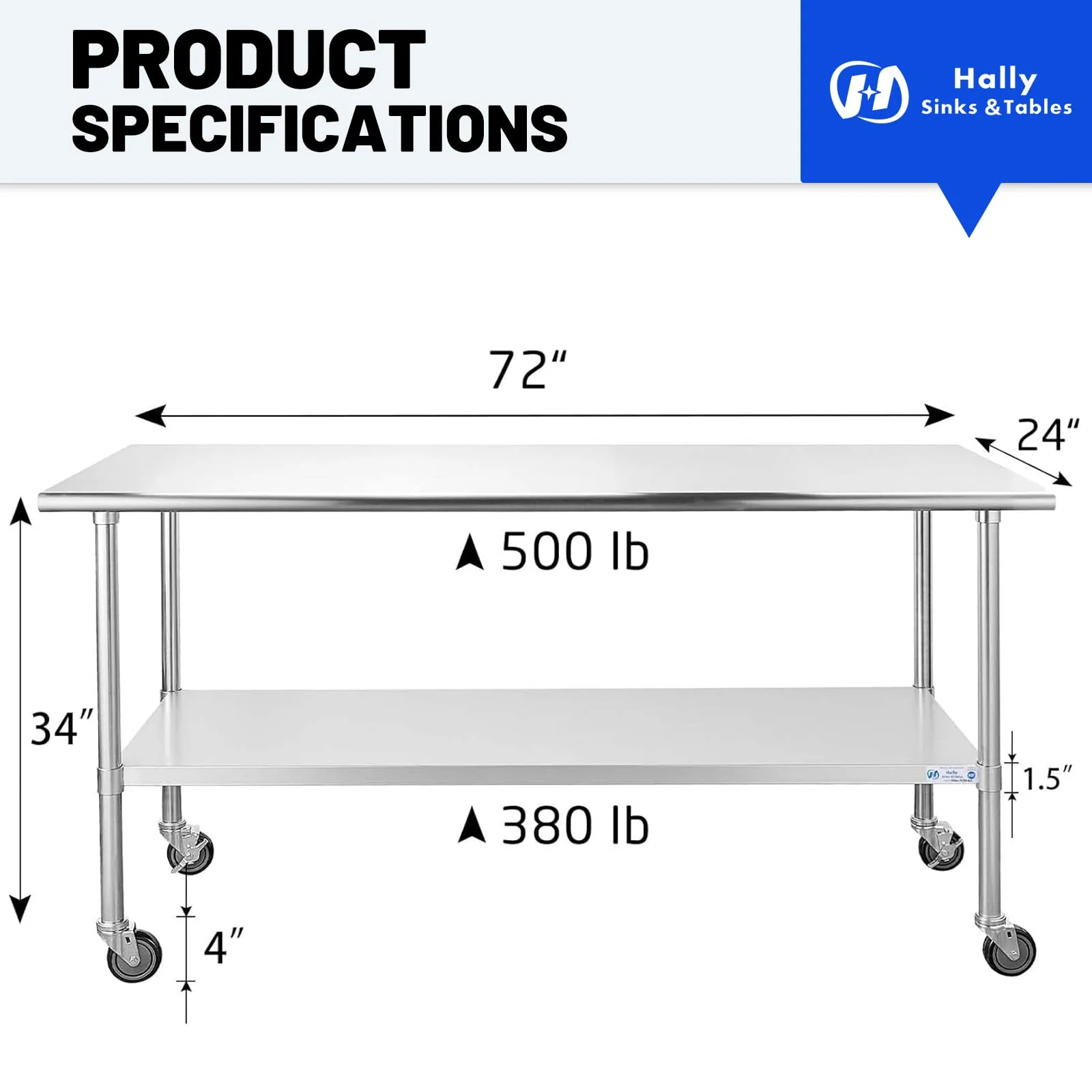 Hally Stainless Steel Table for Prep & Work 24 x 72 Inches with Caster Wheels, NSF Commercial Heavy Duty Table with Undershelf and Galvanized Legs for Restaurant, Home and Hotel - Image 7