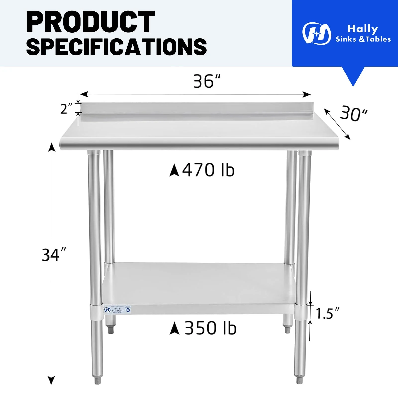 Hally Stainless Steel Table for Prep & Work 30 x 36 Inches, NSF Commercial Heavy Duty Table with Undershelf and Backsplash for Restaurant, Home and Hotel - Image 7