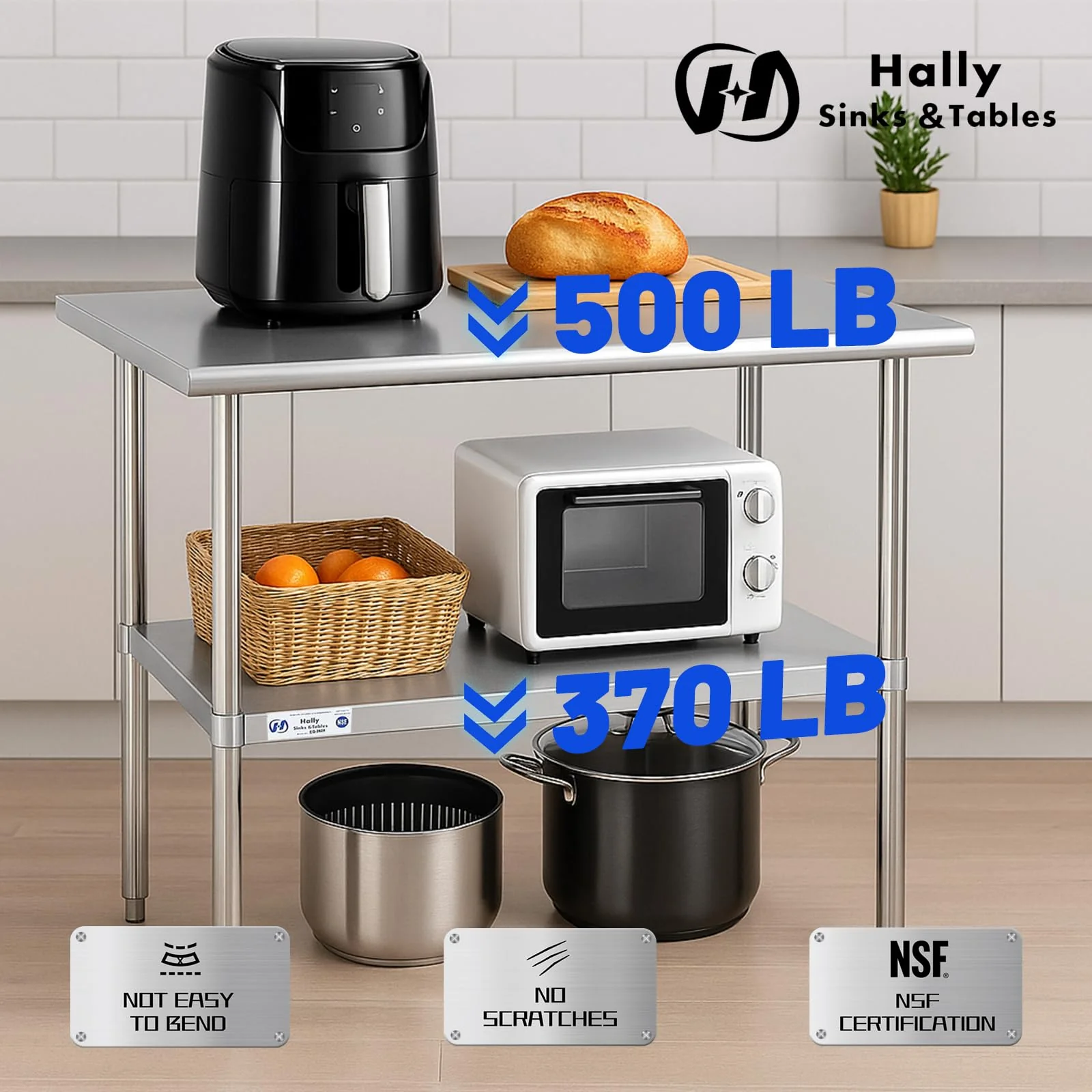 Hally Stainless Steel Table for Prep & Work 30 x 48 Inches, NSF Commercial Heavy Duty Table with Undershelf and Galvanized Legs for Restaurant, Home and Hotel - Image 5