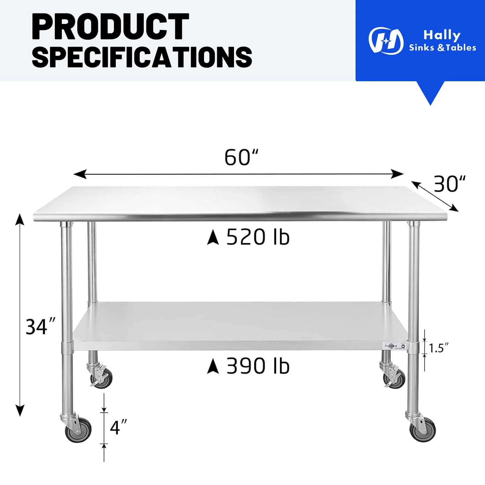 Hally Stainless Steel Table for Prep & Work 30 x 60 Inches with Caster Wheels, NSF Commercial Heavy Duty Table with Undershelf and Galvanized Legs for Restaurant, Home and Hotel - Image 7