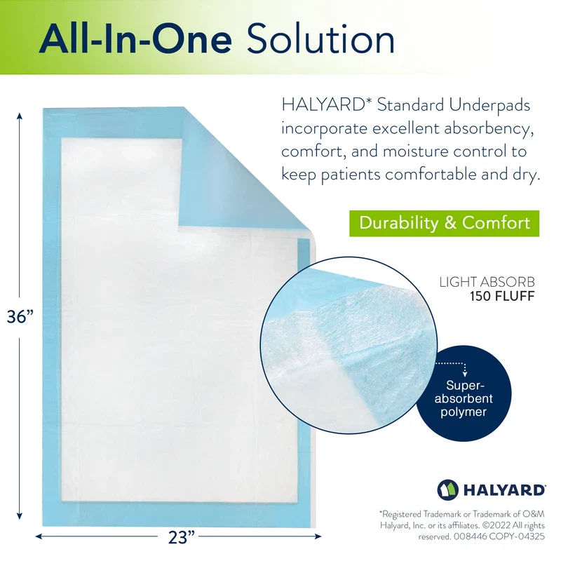 HALYARD* Disposable Standard Underpads Incontinence Pads, 23”x36” Case of 150, Lt. Blue-Comfortable Chucks Pads, Disposable, for Adults-Soft Bed Pads for Elderly/Adult Patients, 48822 (Case of 150) - Image 3
