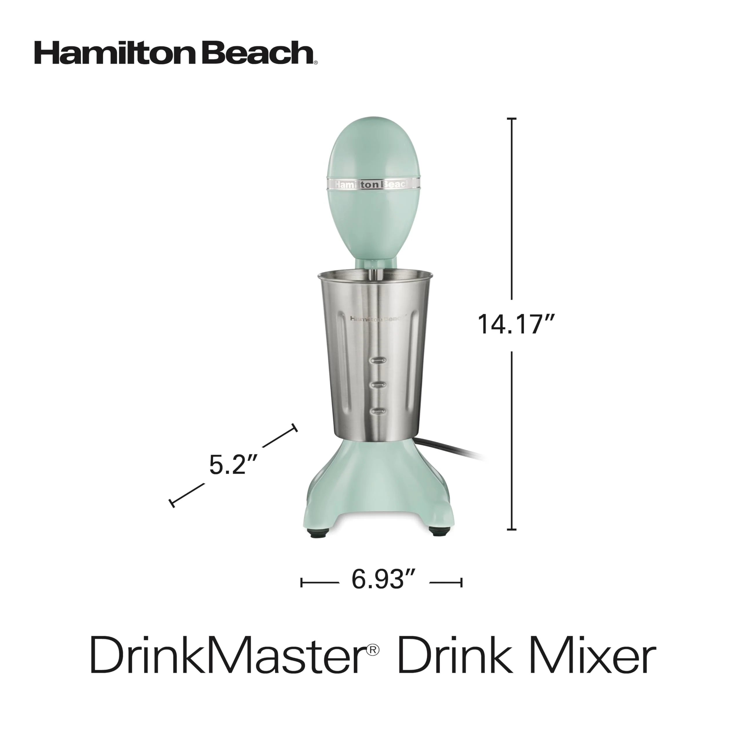 Hamilton Beach DrinkMaster Electric Drink Mixer, Retro Milkshake Maker & Milk Frother, 2 Speeds, Extra-Large 28 oz. Stainless Steel Cup, Mint - Image 2