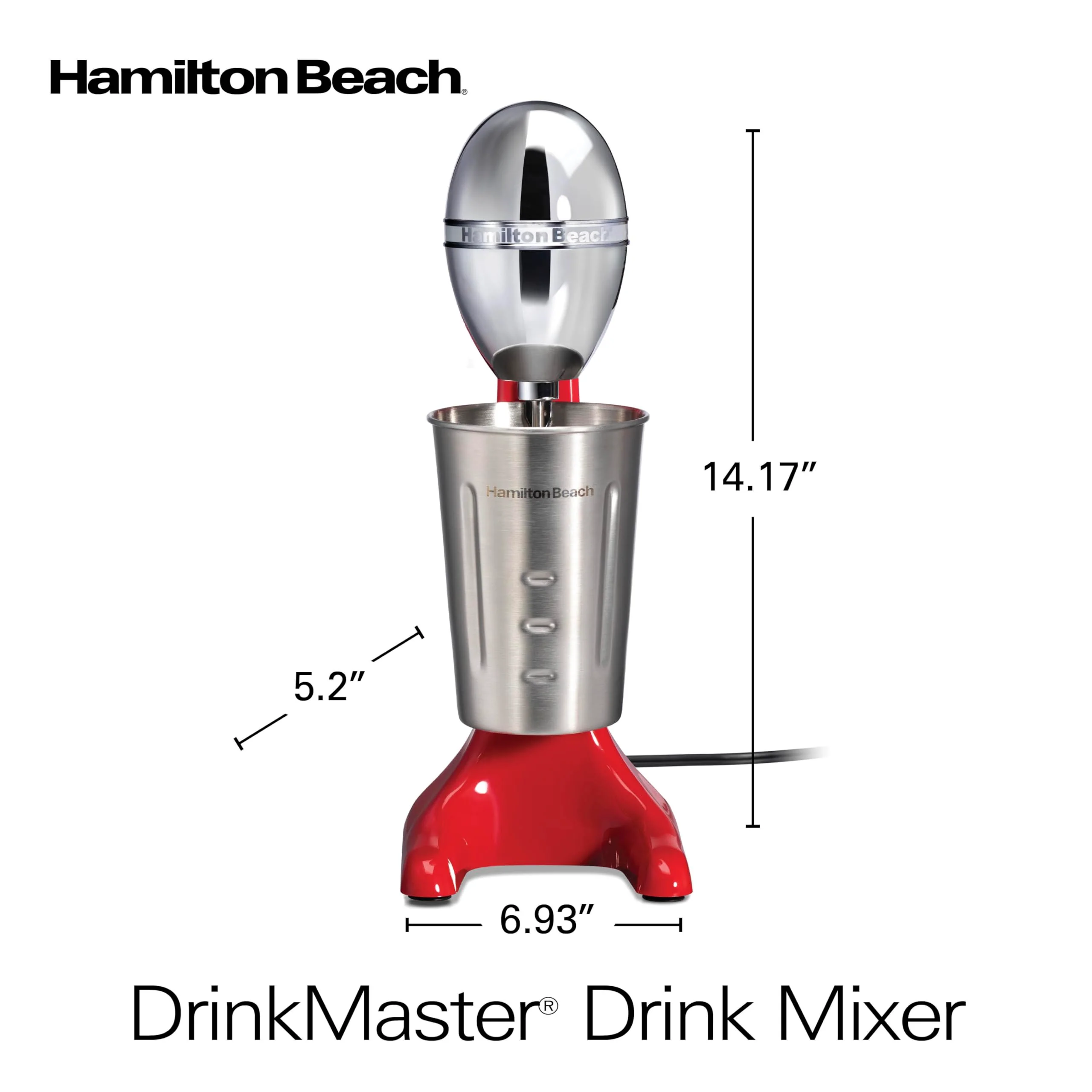 Hamilton Beach DrinkMaster Electric Drink Mixer, Retro Milkshake Maker & Milk Frother, 2 Speeds, Extra-Large 28 oz. Stainless Steel Cup, Red - Image 2