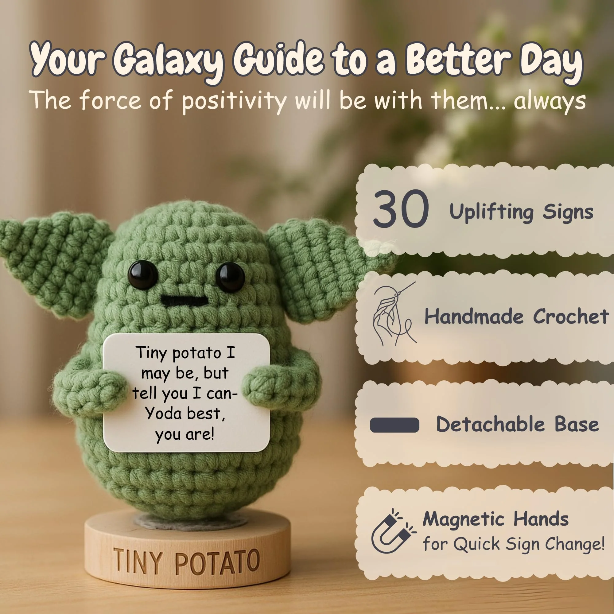 Handmade Baby Yoda Positive Crochet with 30 Fun Affirmations - Funny Friendship Gift for Christmas, Inspirational Birthday Gifts for Women Men | Birthday Gift Idea for Women Friends, BFF, Coworker - Image 8