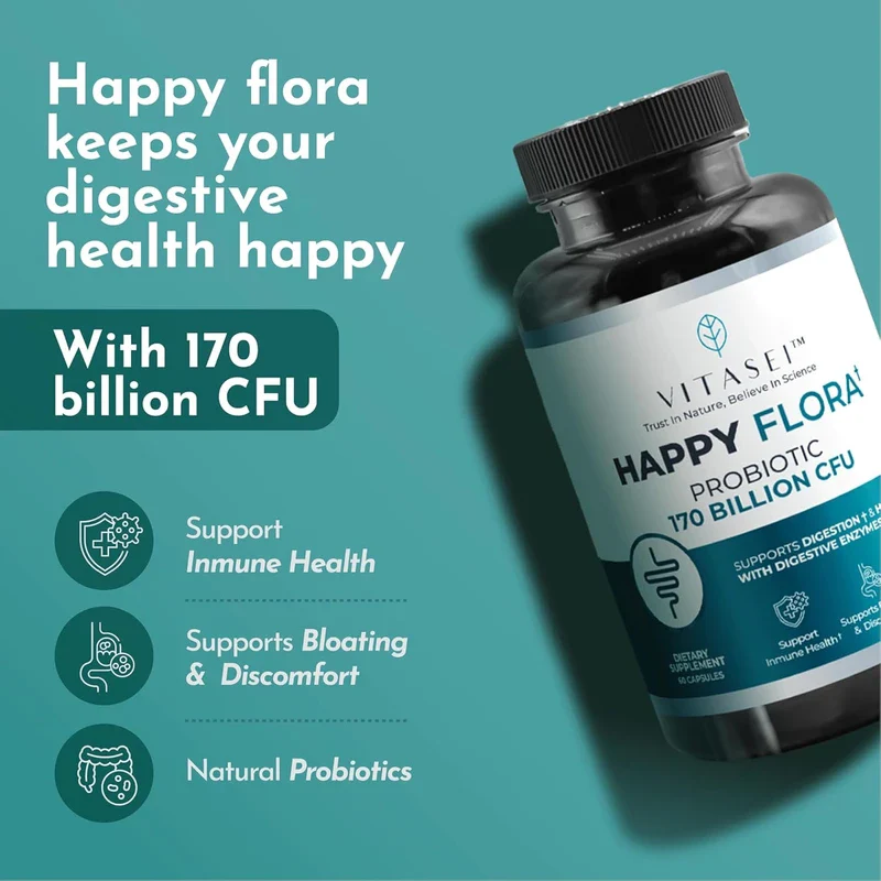 Happy Flora, Probiotic Supplement 170 Billion CFU for a Healthy Gut Health with enzymes for Digestion, probiotics for Women and Men, 1 Bottle - 60 Capsules - Image 4