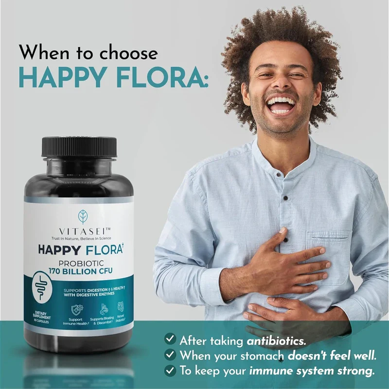 Happy Flora, Probiotic Supplement 170 Billion CFU for a Healthy Gut Health with enzymes for Digestion, probiotics for Women and Men, 1 Bottle - 60 Capsules - Image 6