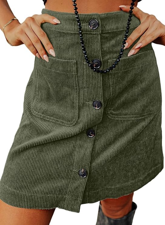 Happy Sailed Corduroy Skirts for Women Casual Button Down A-line High Waisted Bodycon Christmas Mini Skirt for Date Night Cocktail Party Green Medium