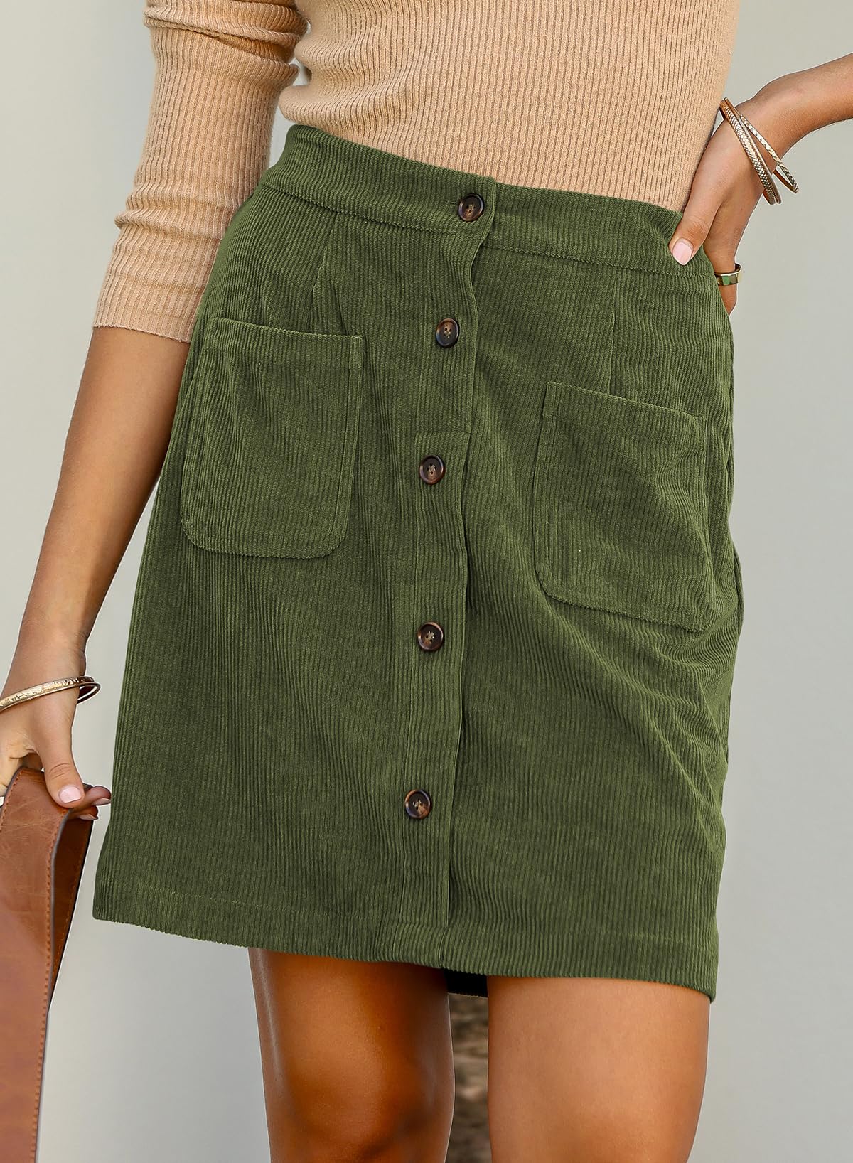 Happy Sailed Corduroy Skirts for Women Casual Button Down A-line High Waisted Bodycon Christmas Mini Skirt for Date Night Cocktail Party Green Medium - Image 6