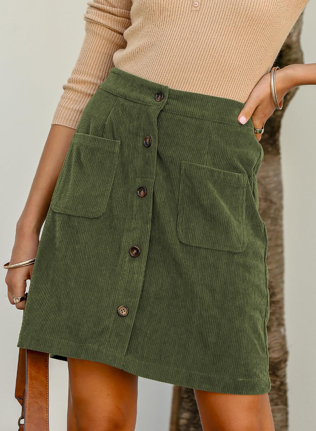 Happy Sailed Corduroy Skirts for Women Casual Button Down A-line High Waisted Bodycon Christmas Mini Skirt for Date Night Cocktail Party Green Medium - Image 7
