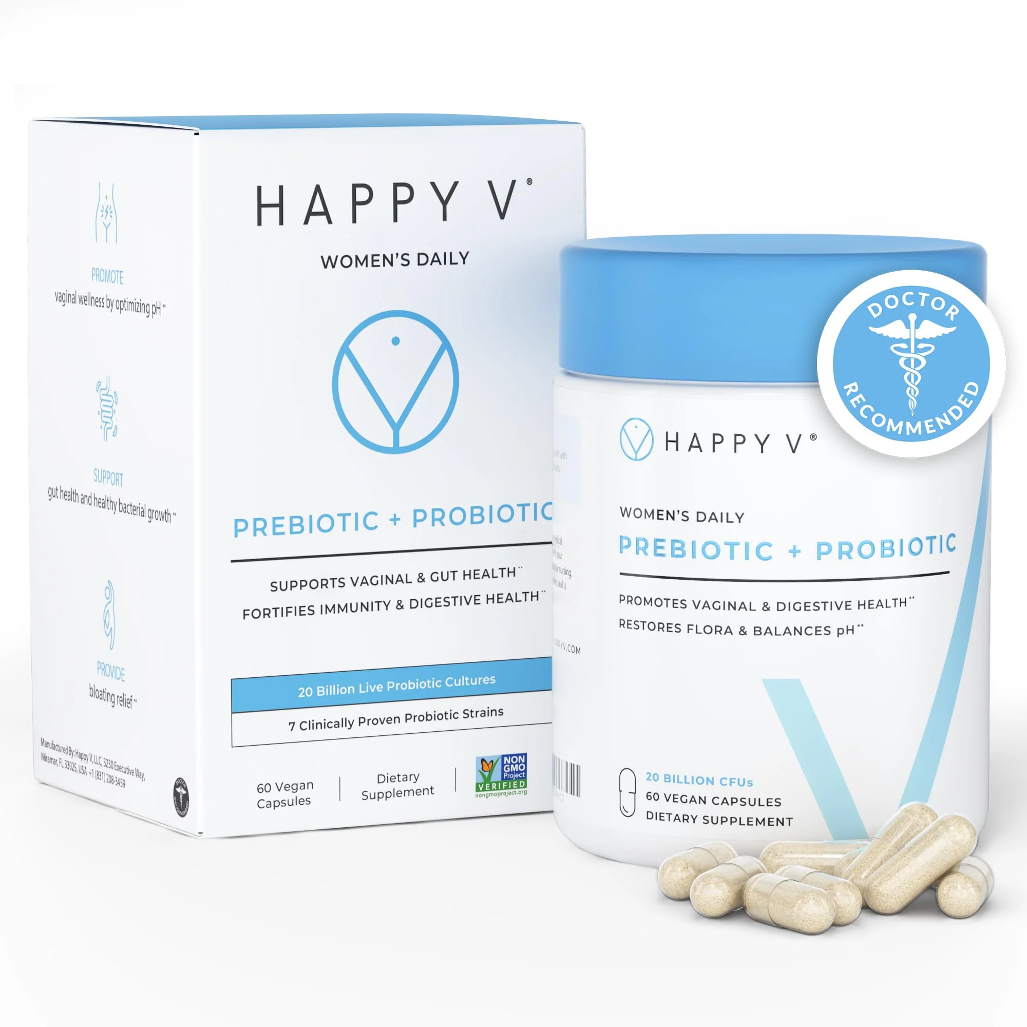 Happy V Dr. Formulated Vaginal Probiotics for Women Odor & Itch Support, Urinary & Gut Health, pH Balance | Womens Daily Probiotic with Patented Prebiotics & Lactobacillus for Feminine Wellness