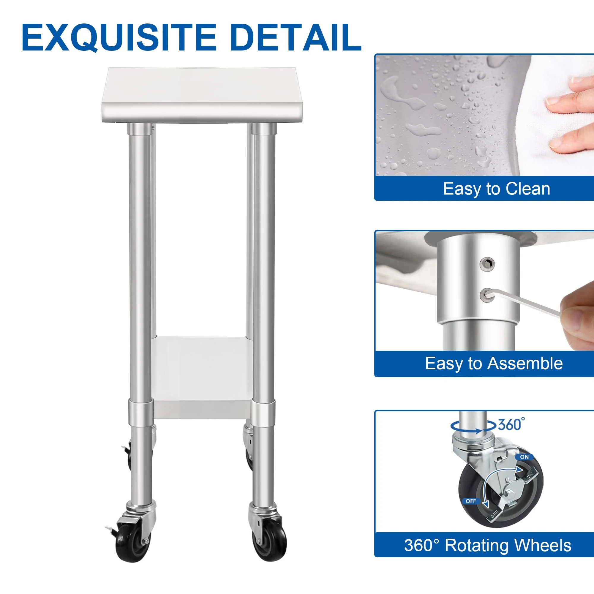 HARDURA Stainless Steel Commercial Table Prep & Work Table with Casters Heavy Duty Metal Table with Wheels NSF 430 24×12 Inches - Image 3