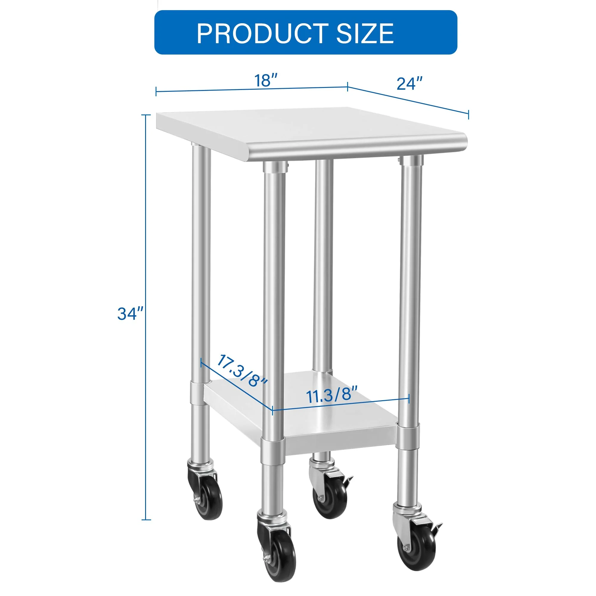 HARDURA Stainless Steel Commercial Table Prep & Work Table with Casters Heavy Duty Metal Table with Wheels NSF 430 24×18 Inches - Image 6