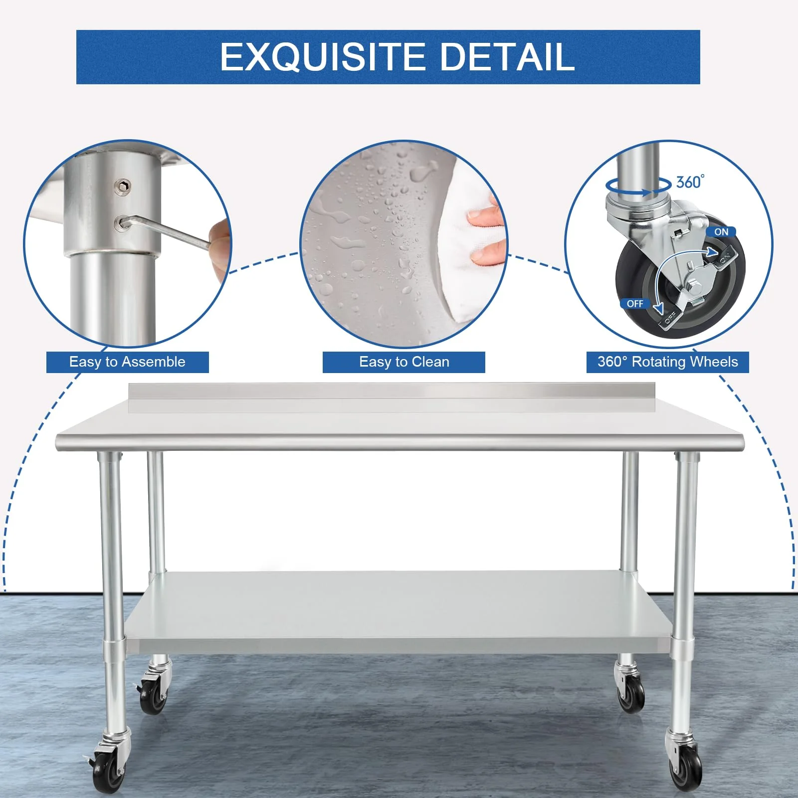 HARDURA Stainless Steel Table 30 x 60 Inches with Wheels Casters NSF Heavy Duty Commercial Prep Table with 2” Backsplash and Adjustable Undershelf for Restaurant Kitchen Home and Hotel - Image 4