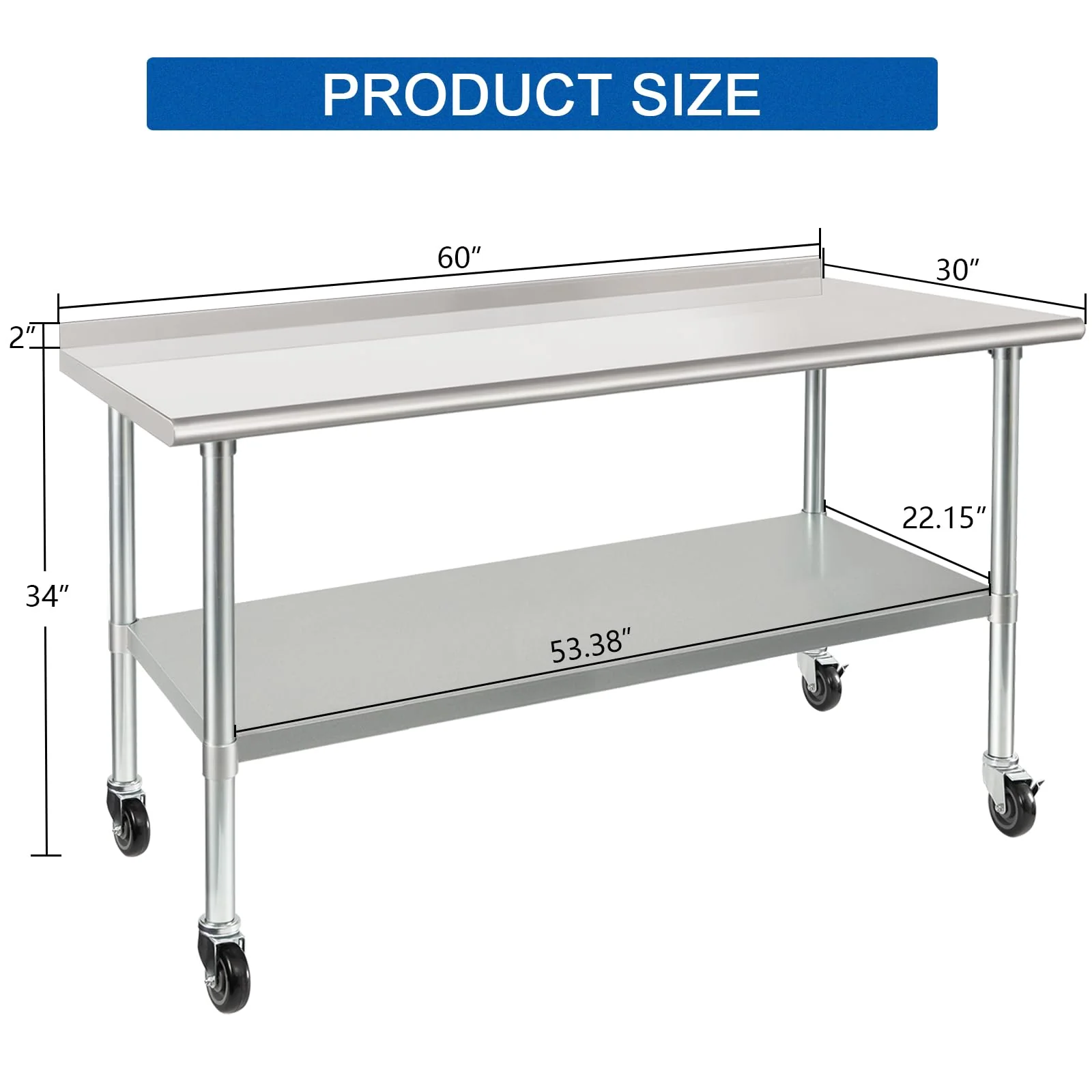 HARDURA Stainless Steel Table 30 x 60 Inches with Wheels Casters NSF Heavy Duty Commercial Prep Table with 2” Backsplash and Adjustable Undershelf for Restaurant Kitchen Home and Hotel - Image 6